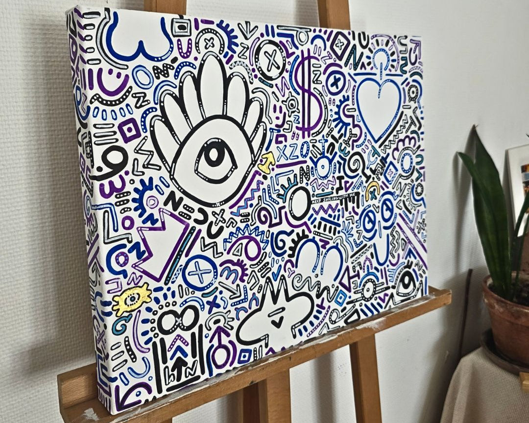 Détail feuille d'or — reflet lumineux sur toile Posca Luce Cee
