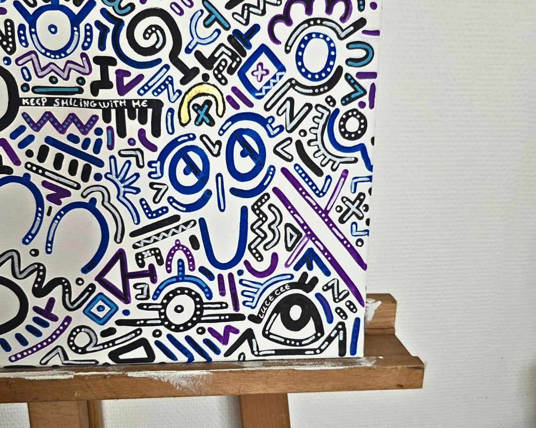 Détail symboles cachés — bleu et violet — œuvre originale Luce Cee
