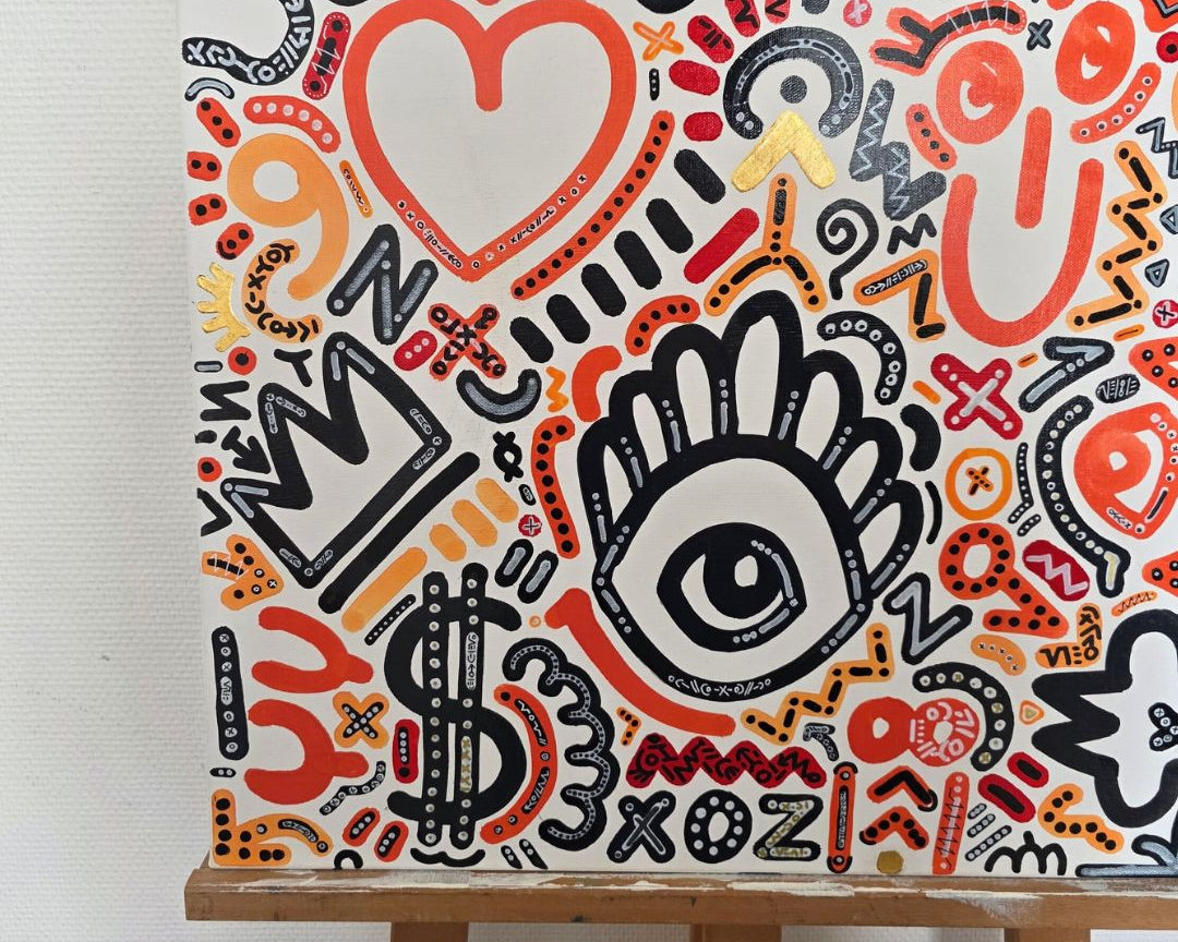 Détail feuille d'or — reflet lumineux sur toile rouge et orange — Luce Cee
