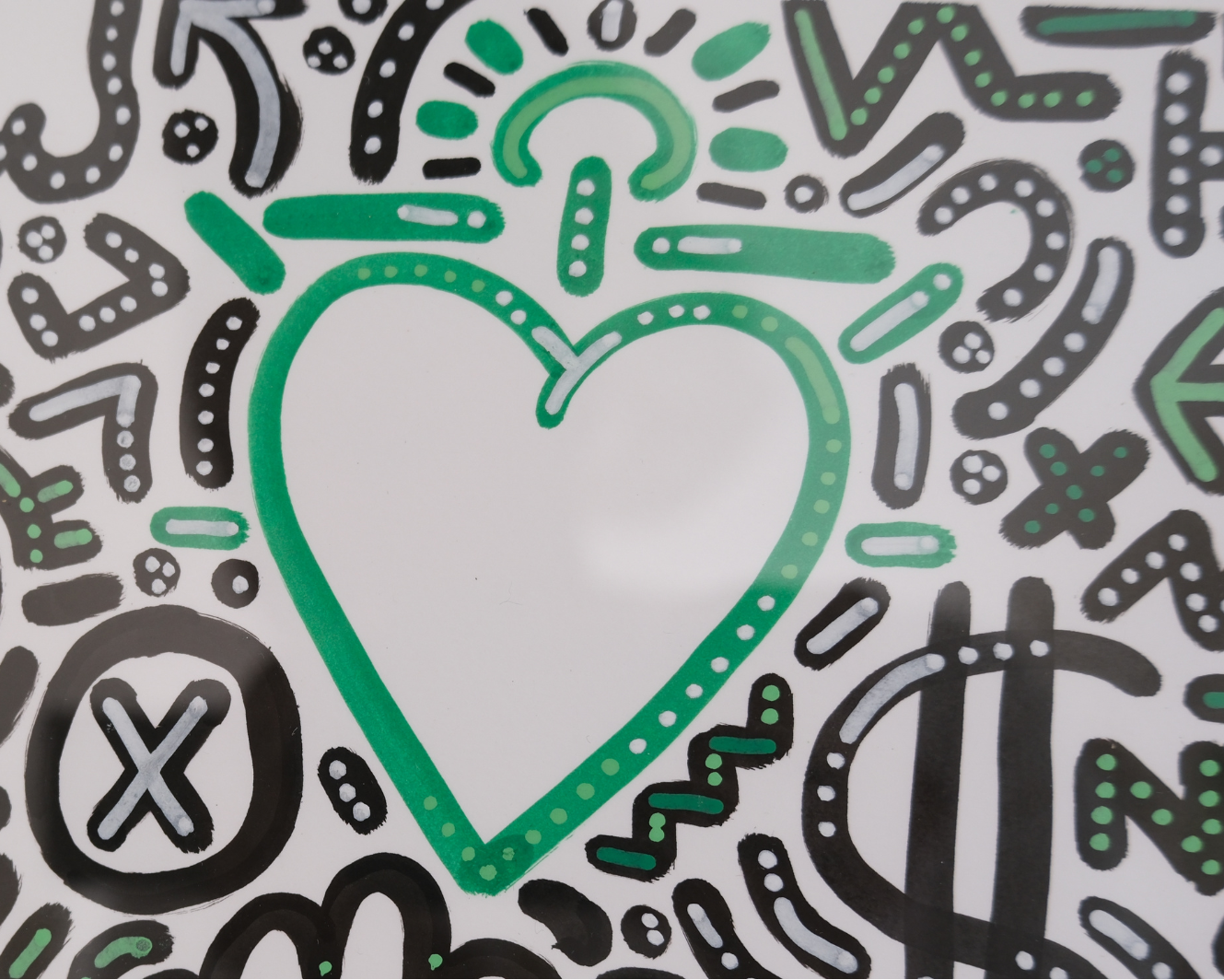 Motifs graphiques verts dans l’œuvre originale Keep Smiling With Me n°2.
