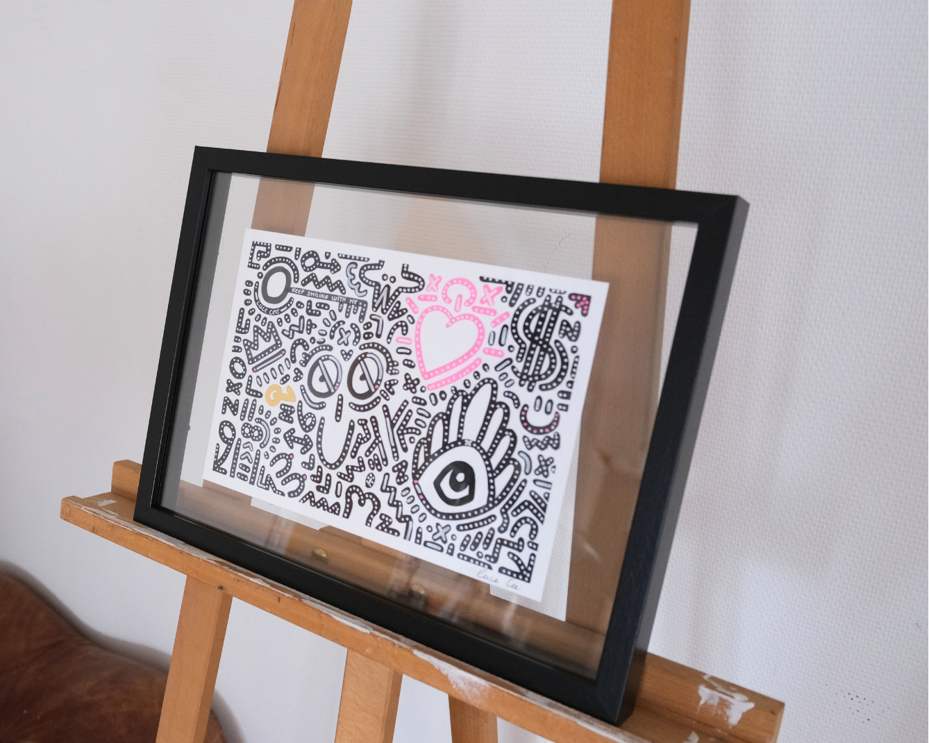 Dessin contemporain A4 Keep Smiling With Me n°4 avec détails à la feuille d’or et rose 