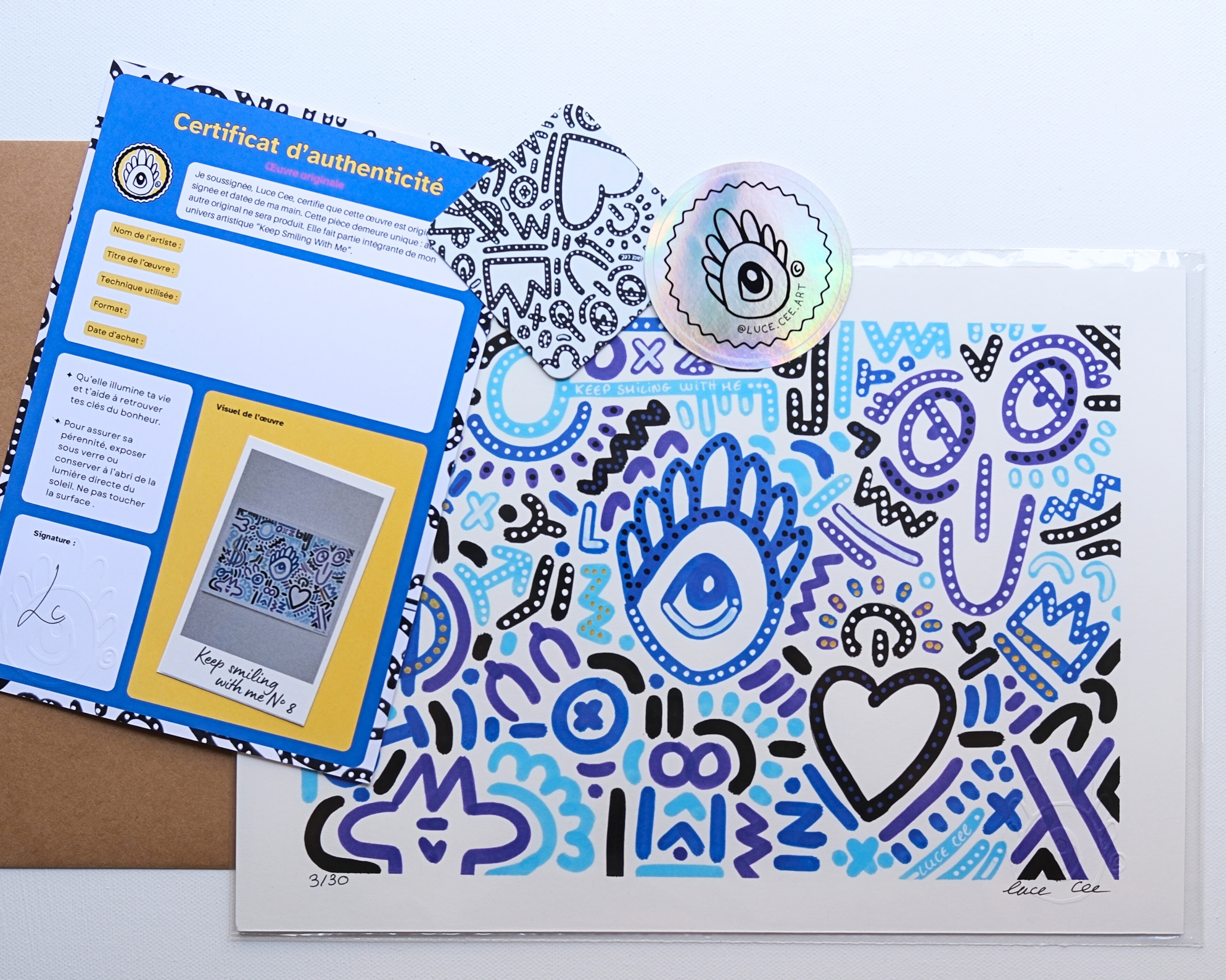 Détail artistique du print A4 Keep Smiling With Me n°8.